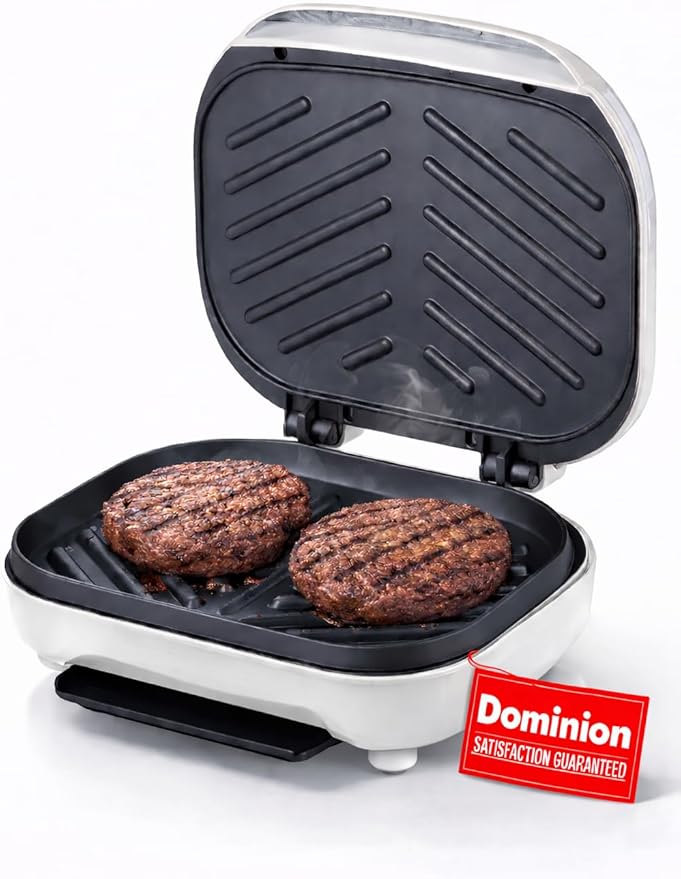 Dominion 2-Serving Classic Plate Electric Indoor Grill and Panini Press, Easy Storage & Clean, Perfect for Breakfast Grilled Cheese Egg & Steak, White