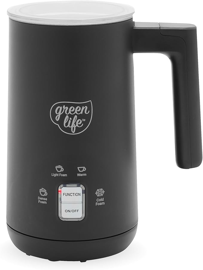 GreenLife Ceramic Electric Milk Frother, 10oz, 4-in-1, Auto Hot and Cold Foam, Dense and Light Foam, PFAS Free, Cordless Milk Warmer and Steamer for Latte, Coffee, Black