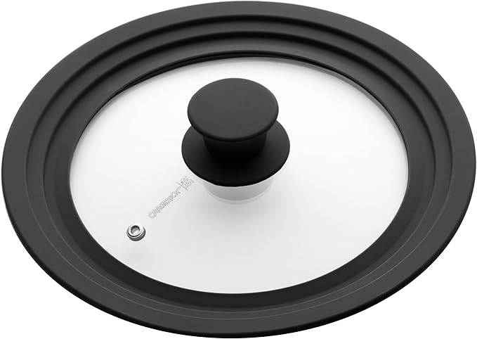 LSR Loreso Universal Pan Lid for Pots Pans and Skillets 7.5-9.5 Inch - Tempered Glass Pot Lid with Auto-Sizing Silicone Rim - Black