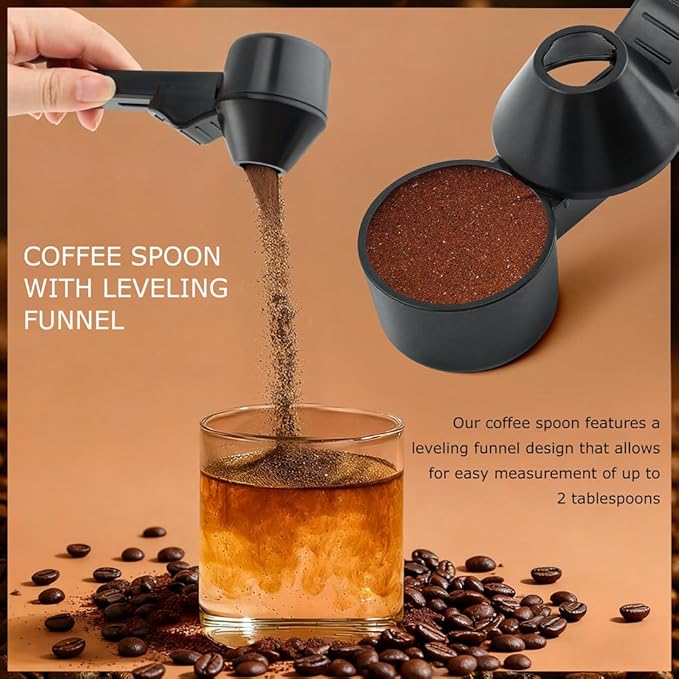 Coffee Scoop & Funnel for Reusable K Cups Refillable Coffee Pods Coffees Measuring Spoon Easy Slide Scoop with Funnel for Ground Coffees, Protein Powder, Tea(COLOR:black)