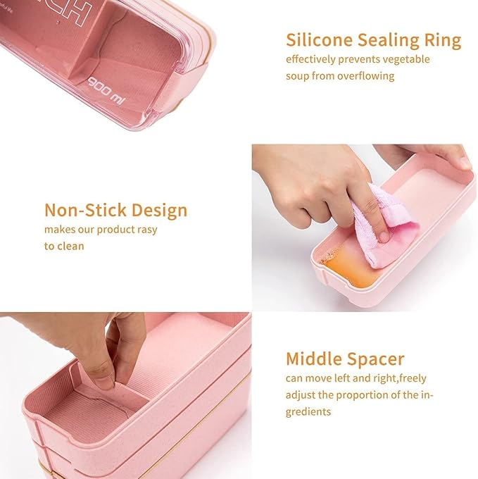 Rarapop 3 Pack Stackable Bento Box Adult Japanese Lunch Box Kit with Spoon & Fork, 3-In-1 Compartment Wheat Straw Meal Prep Containers (Green/Pink/Beige)