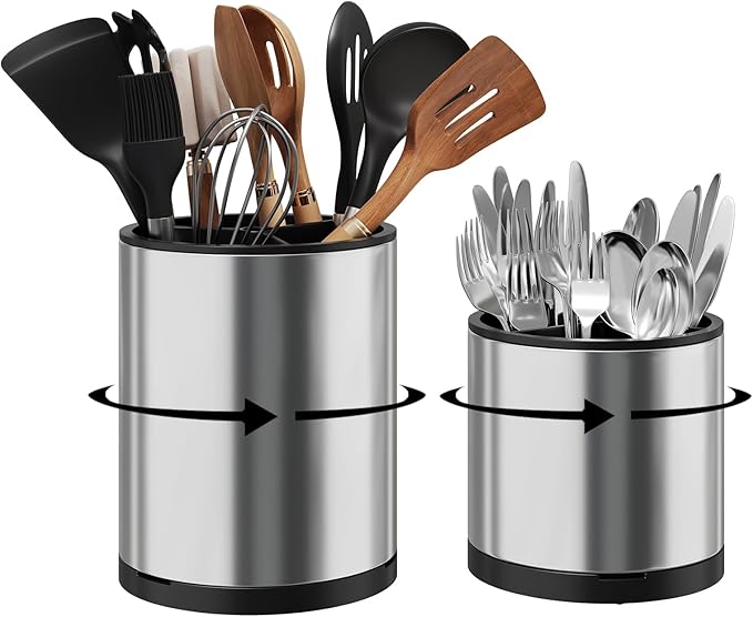 Extra Large Utensil Holder for Kitchen Counter, 360°Rotating Cooking Utensils Holder for Countertop, Stainless Steel Utensil Crock for Spatula,Spoon, 3 Compartment Metal Silverware Crocks for Flatware