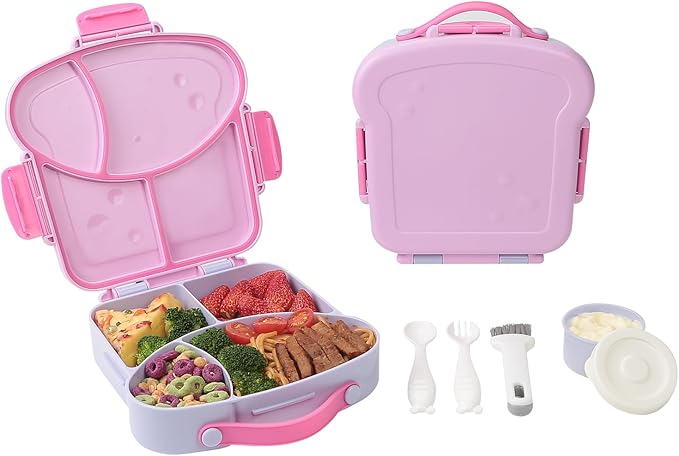 Bento Lunch Box for Kids - Toast-Shaped 4-Compartment Lunchable Food Container with Sauce Cup, Utensils & Brush, BPA-Free, Reusable Snack Container with lid, Ideal for School & Travel - Purple