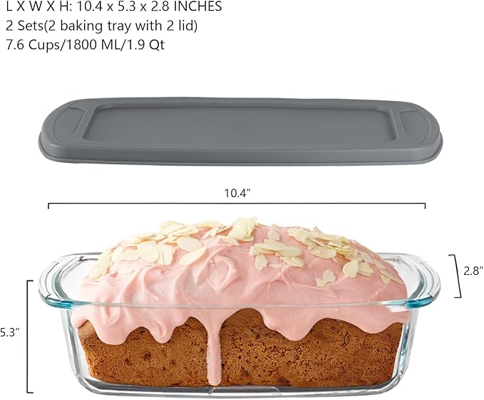 4 Piece Glass Loaf Pan Set with Lids - Stackable 1.9 QT/62oz/1800ML Glass Bread Baking Dish Microwave and Oven Safe - Loaf Pans For Baking Bread, Cakes