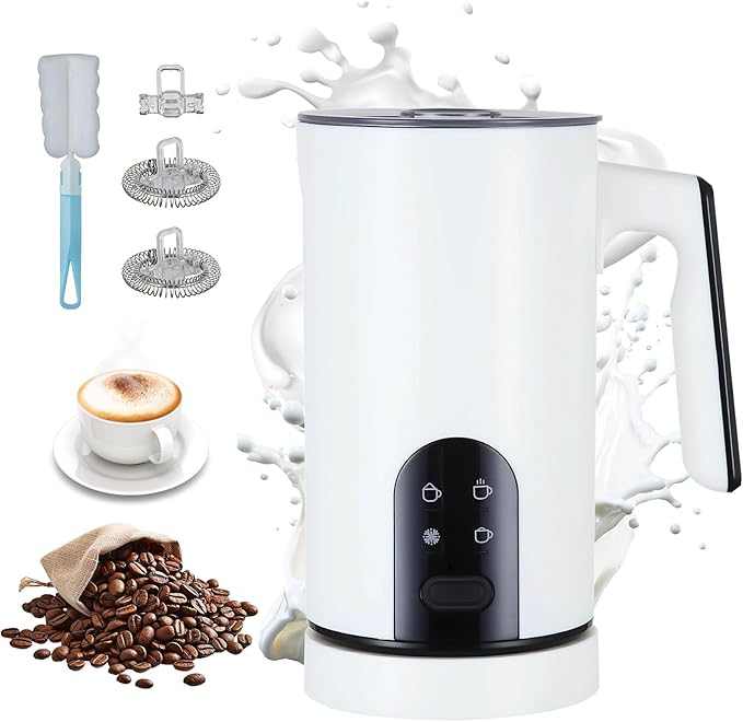 4 in 1 Electric Milk Frother Automatic Hot & Cold Foam Maker Auto Shut-Off Durable Stainless Steel Milk Frother Silent Working Easy to Clean for Cappuccino, Hot Chocolate (White)