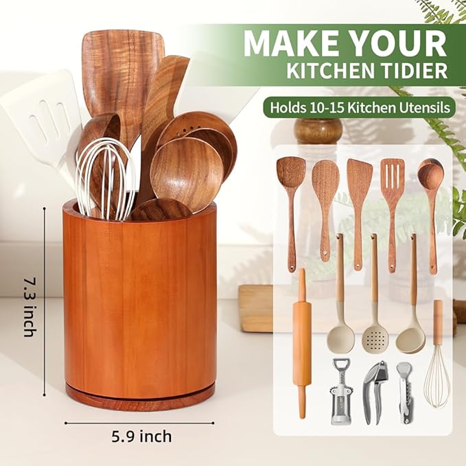 Wooden Utensil Holder, 360°Rotating 7.3'' Large Utensil Holder for Kitchen Counter, Kitchen Utensil Organizer, Utensil Crock, Farmhouse Kitchens Countertop Decor, Cherry-finish