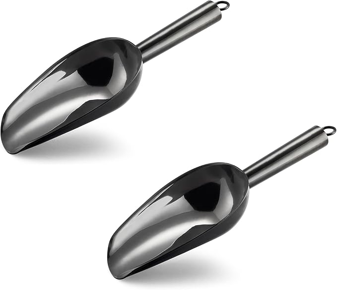 6 Ounce Ice Scoop Set of 2, E-far Platinum Black Stainless Steel Small Scoops for Ice Cube/Candy/Flour/Sugar, Metal Utility Scoops for Canisters, Baking, Kitchen Pantry, Rust Free