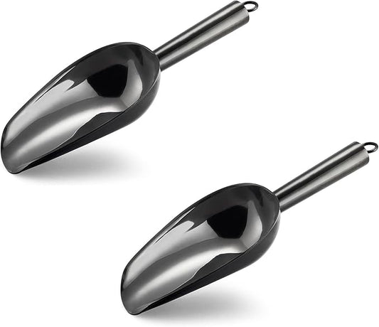 6 Ounce Ice Scoop Set of 2, E-far Platinum Black Stainless Steel Small Scoops for Ice Cube/Candy/Flour/Sugar, Metal Utility Scoops for Canisters, Baking, Kitchen Pantry, Rust Free