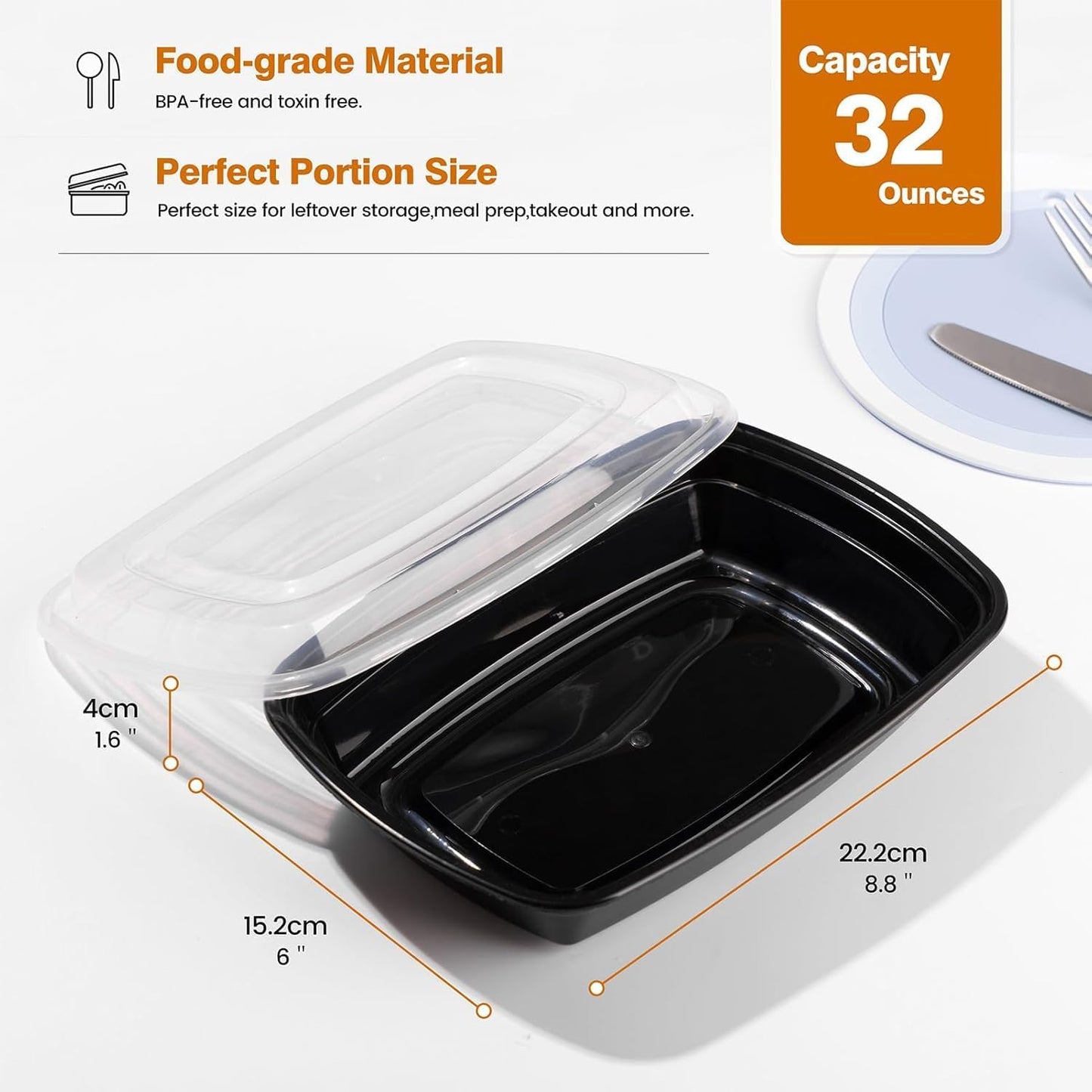 Glotoch Express 32oz 1-Compartment Black Square Food Containers with Lids, Durable BPA-Free Plastic Meal Prep Boxes, Microwave/Freezer/Dishwasher Safe, 300 Pack