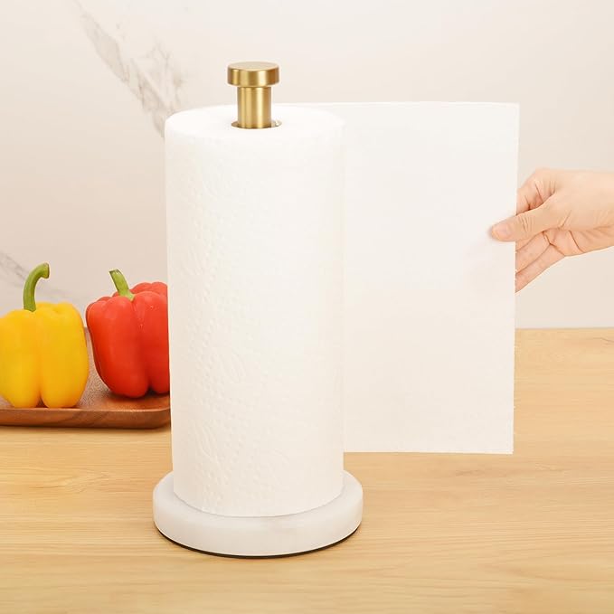 Paper Towel Holder Countertop, Heavy Weighted Marble Gold Paper Towels Holder for Kitchen Counter,Modern Standing Papertowel Roll Holders(Brushed Gold Stainless Steel Bar, White Natural Marble Base)