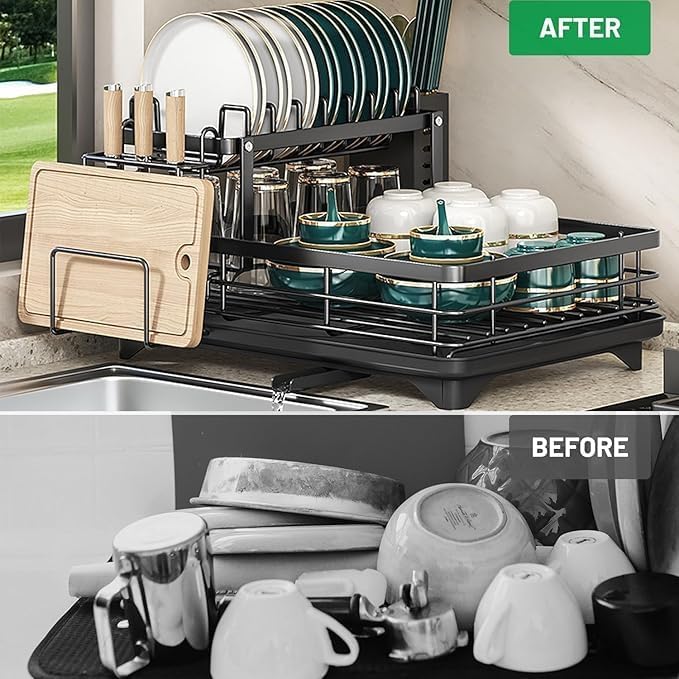 Dish Drying Rack 2-Tier Auto Draining Dish Drying Rack for Kitchen Counter & Sink - Large Capacity Detachable Stainless Steel Organizer with Drainboard & Utensil Holder (Black)，Chaos Coordinator Gifts