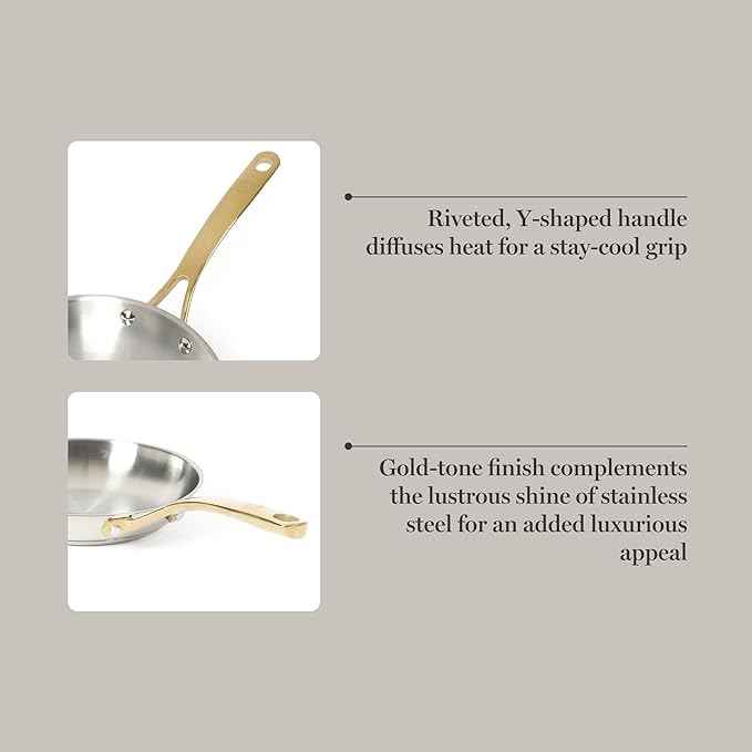 Martha Stewart Castelle 8-Inch Stainless Steel Frying Pan with Gold-Tone Handle – Tri-Ply Encapsulated Bottom, Oven Safe & Induction Safe Skillet for Searing and Sautéing