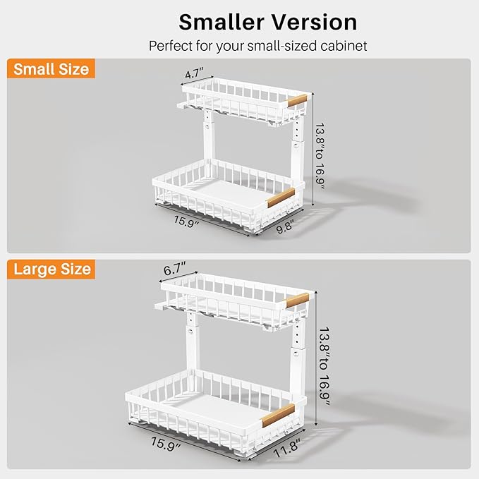 PXRACK 2 Pack Under Sink Organizer,Adjustable Height,2 Tier Pull Out Under Cabinet Organizer,Slide Out Thickened Metal Under Sink Storage for Kitchen Bathroom Laundry Cabinet Pantry,White(S)