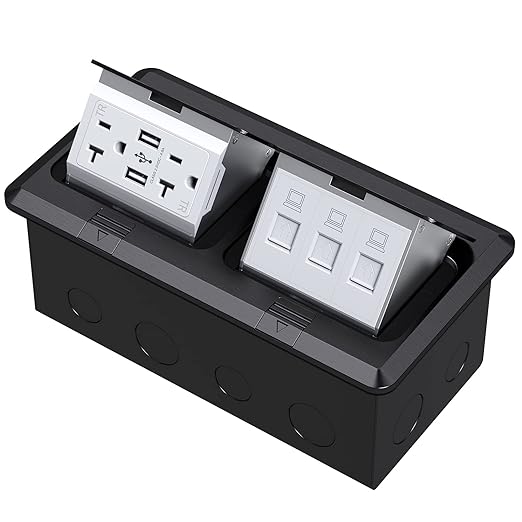 KYHSHJ Dual Pop-Up Floor Electrical Outlet Box Kit，20 Amp Stainless Steel USB TR Receptacle Outlet，3-Port RJ45 Datacom Receptacle，Waterproof Gasket with IP44 Waterproof Rating, ETL Listed, Black