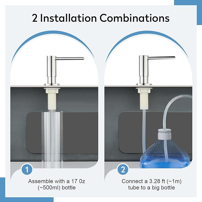Kitchen Sink Soap Dispenser with 17 OZ Bottle and 40" Extension Tube Kit, Stainless Steel Built-in Soap Dispenser for Kitchen Sink or Countertop, in or Under Sink Installation, Brushed Nickel