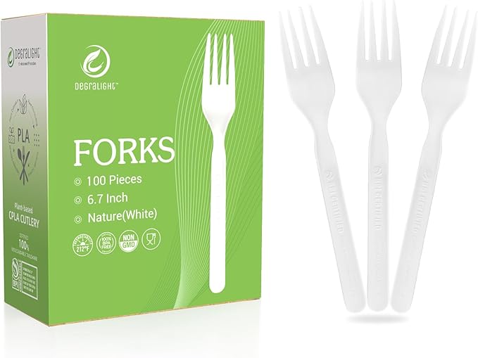 Compostable Froks [100Pcs] Heavy Duty Forks Disposable Utensils, BPA-Free, Heat Resistant, CPLA Disposable Forks, BPI Certified CPLA Disposable Cutlery for Party, Office & Picnic