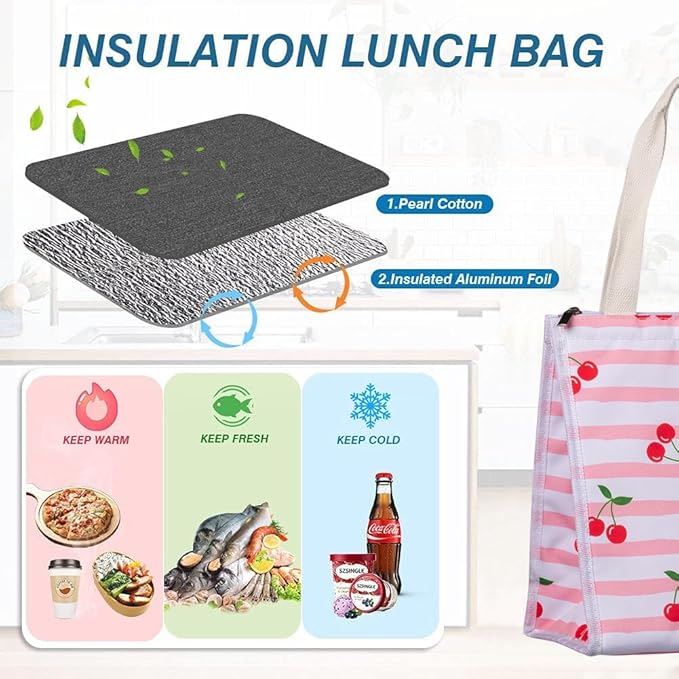 iknoe Insulated Lunch Bag for Women & Adults, 9L Foldable Wide-Open Cooler Bag with Pockets, Leakproof & Portable, for Picnic, Office, Beach(Cherry)