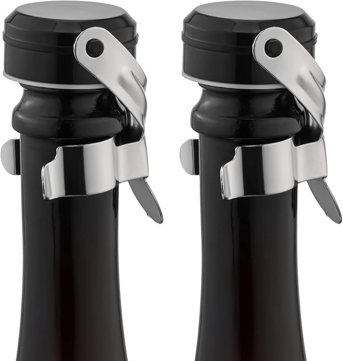WOTOR Champagne&Wine Bottle Stoppers Stainless Steel with Food Grade Silicone, Leak Proof Keep Fresh Reusable Saver, Cork Suitable for Wine, Champagne, Cava, Prosecco and Sparkling (2 Pack Silver）