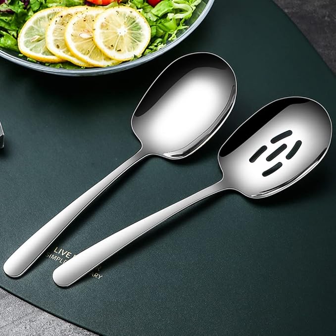 Extra Large Serving Spoons Set,18/8 Stainless Steel Slotted Spoon and Serving Spoon,9.8 Inch Buffet Spoons Set,Tabletop Flatware Utensil (2pack)