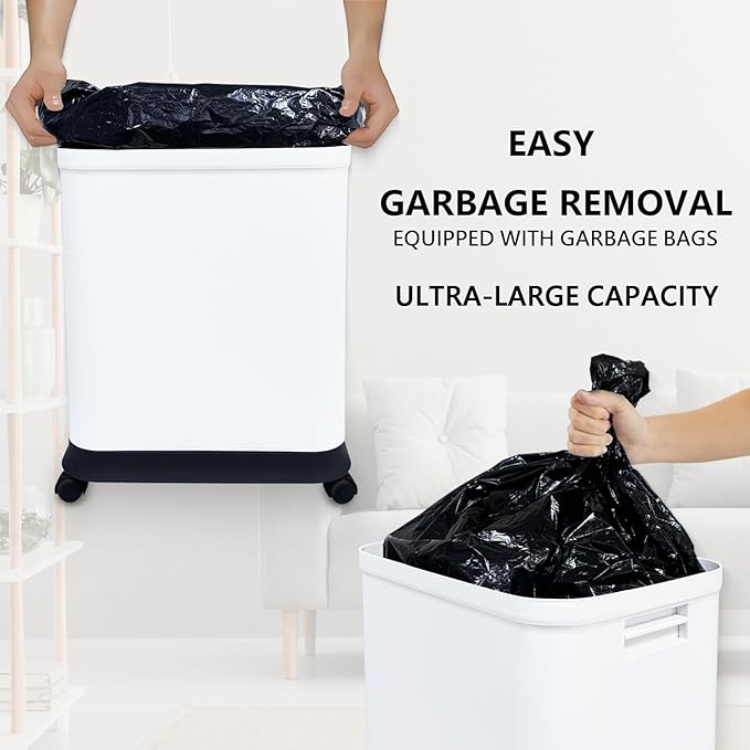 Gintan 13 Gallon Trash Can with Lid, 25-45 L Altitude Variable Bin, Garbage Can with Wheels for Kitchen, Bathroom, Bedroom, Office, with Two Space-Saving Hangable Small Waste Bin and Garbage Bag