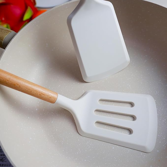 2Pcs Silicone Spatula Set Turner Heat Resistant for Nonstick Cookware Rubber Wok Spatula Turner with Wood Handle, Plastic Spatula Silicone for Cooking Use Kitchen Utensils Set White
