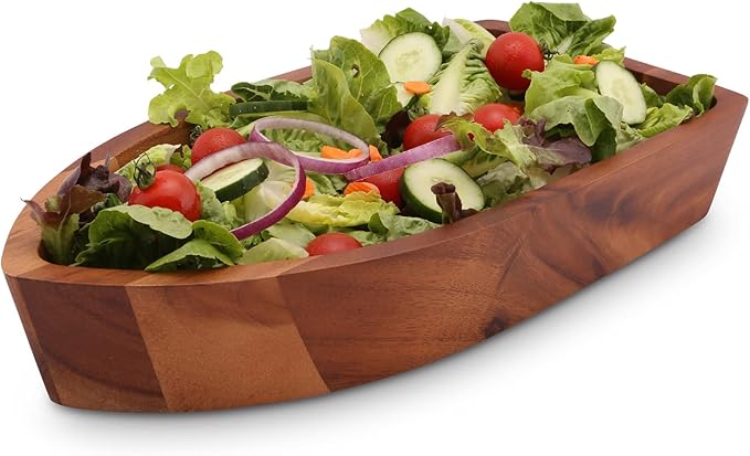 Arthur Court Acacia Wood Serving Bowl for Fruits or Salads Boat Shape Style Large 3 inch Tall x 9 inch Wide x 16 inch Long Wooden Single Bowl