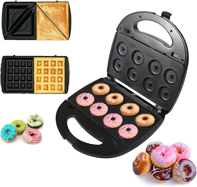 Donut Maker, 3 in 1 Electric Waffles Sandwich Machine，Panini Press Grill Iron Set with 3 interchangeable Removable Non Stick Plates，750W Detachable Dessert Toaster, Perfect for Breakfast