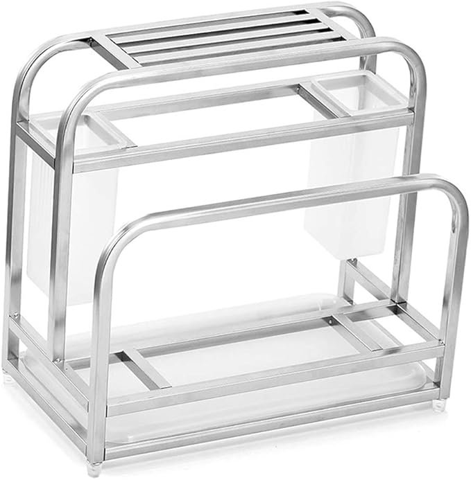 Knife Holder Storage Organizer with Hooks, Stainless Steel Knife Block Holder Cutting Board Rack,Kitchen Utensils Holder with Drainer Tray for Kitchen Countertop