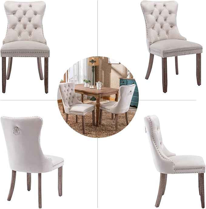 Beige Velvet Dining Chairs Set of 2, Upholstered Dining Room Chairs with Back Ring Pull Trim and Solid Wood Legs, Tufted Wingback Kitchen Chairs for Dining Room,Living Room,Kitchen(Beige)