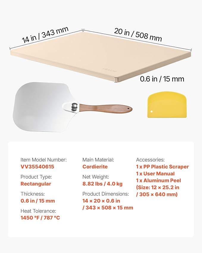 VEVOR Pizza Stone, 20 x 14 x 0.6 in Rectangular Cordierite Pizza Stone, 1450℉ Heat-Resistant Cook Stone, Extra Large Baking-Stone with Metal Peel, Scraper, for Kitchen Bake Oven, BBQ Grill