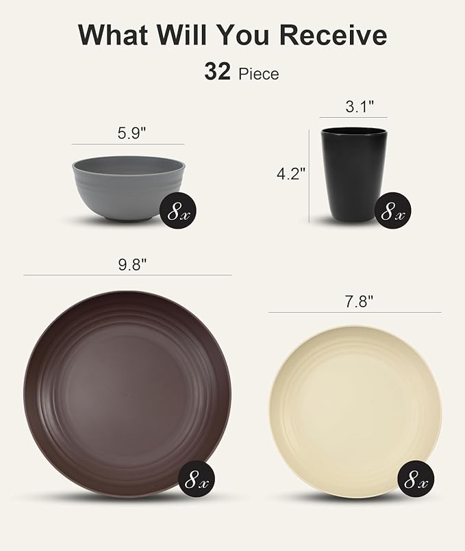 Quatish 32 Piece Plates and Bowls Sets for 8, Unbreakable Dinnerware Sets, Dish Set for Camping, Dishwasher Microwave Safe, Outdoor Kitchen and Apartment Dinning RV Essentials, Brown