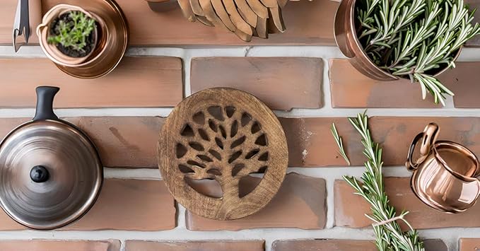 Handmade Wooden Trivet for Hot Dishes Plates & Pots Holder Hot Pad for Kitchen & Dining Table Decor Cookware Heat Resistant Rustic Decorative Carvings Tabletop Home & Dining Table Essentials (White)