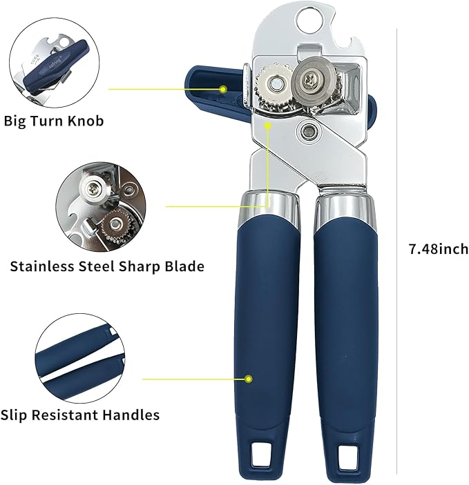 Can Opener Manual, Handheld Strong Heavy Duty Stainless Steel Can Opener, Comfortable Handle, Sharp Blade Smooth Edge, Can Openers with Multifunctional Bottle Opener, Blue