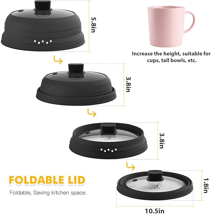 Tall Microwave Splatter Cover Glass Cover Guard Lid 5.8 inch Height with Collapsible Silicone for Food Pot Plate 10.8 inch Black