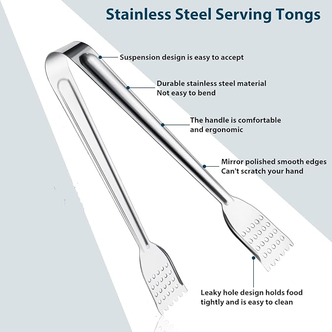 8 Pack Serving Tongs, 9 Inch, Silver, Stainless Steel, Ideal for Parties & Daily Use