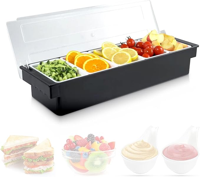 Fruit, Veggie & Condiment Caddy with Lid, 5 Removable Compartments, Ice-Cooled Garnish Tray for Bartenders, Pizza Topping Organizer, Taco Bar Cooler, Portable Condiment Serving Tray