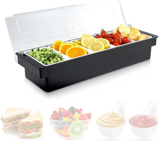 Fruit, Veggie & Condiment Caddy with Lid, 5 Removable Compartments, Ice-Cooled Garnish Tray for Bartenders, Pizza Topping Organizer, Taco Bar Cooler, Portable Condiment Serving Tray
