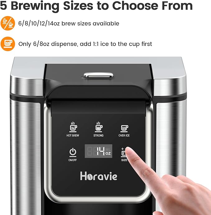 Horavie Single Serve Coffee Maker for K-Cups & Grounds, Hot & Iced Coffee Maker, Strong Button Feature, 6 to 14oz Brew Sizes, 50oz Removable Reservoir, Fit 6.5" Mugs, Stainless Steel, Black