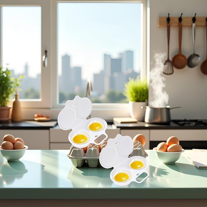 2 Pcs White Egg Poacher, Microwave Egg Boiler Poacher, 2 Cavity Nonstick Poached Egg Maker With Lid, Egg Poacher Microwave Egg Cooker, Double Drain Poached Egg Cups Cookware,Kitchen and Dining