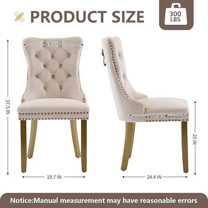 Velvet Dining Chairs Set of 6, Modern Tufted Dining Room Chair, Upholstered Dining Chairs with Lion Head Pulls Ring and Golden Solid Wood Legs, Luxury Kitchen Chairs for Dining Room, Beige