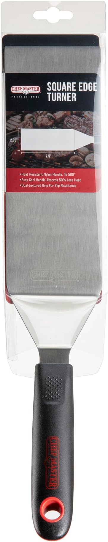 Chef Master 90282 High Heat Square Edge Turner Spatula, 7.5" x 2.95" Blade | Heat Resistant Handle | Slip Resistant Grip | Dishwasher Safe