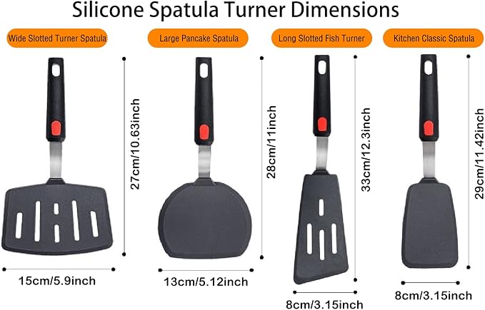 Silicone Spatula Turner Set of 4, Wiztoynia 600°F Heat Resistant Cooking Spatulas for Nonstick Cookware, BPA Free Rubber Spatula Large Kitchen Utensils Set for Egg, Pancake, Burger, Fish