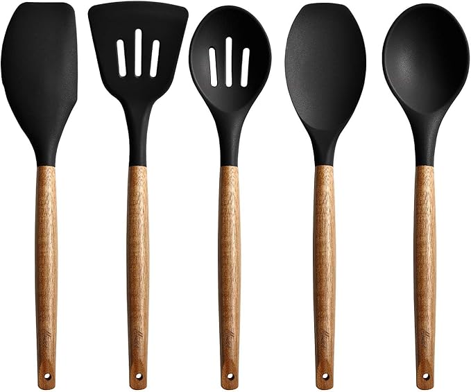 Kitchen Utensils Set, Silicone Cooking Utensils Set,Non-Stick Silicone Spatula Set with Natural Acacia Hard Wood Handle, 5 Piece, Upgraded Thickened Cookware