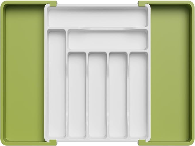 Lifewit Utensil Organizer for Kitchen Drawer, Expandable Cooking Silverware Tray, Adjustable Cutlery Flatware Holder, Plastic Spatula Tools Storage Divider, 13-22.4 x 15", Green&White
