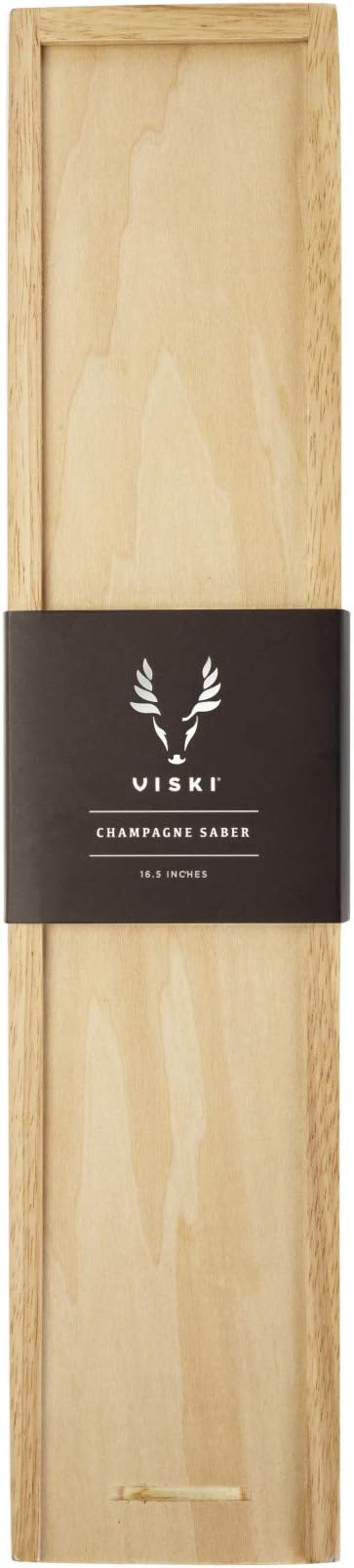 Viski Champagne Saber Sword in Wooden Box, Curved Stainless Steel Blade and Wood Handle, Elegant Home Bar Tool for Celebrations, Weddings, Parties, and Housewarming Gifts, Set of 1