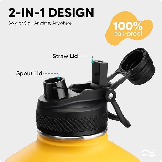Swigina [2-IN-1 LID] Gallon Insulated Water Bottle with Silicone Boot (48hrs Cold/24hrs Hot) - DIY Stickers, Leakproof, BPA Free, 128 oz