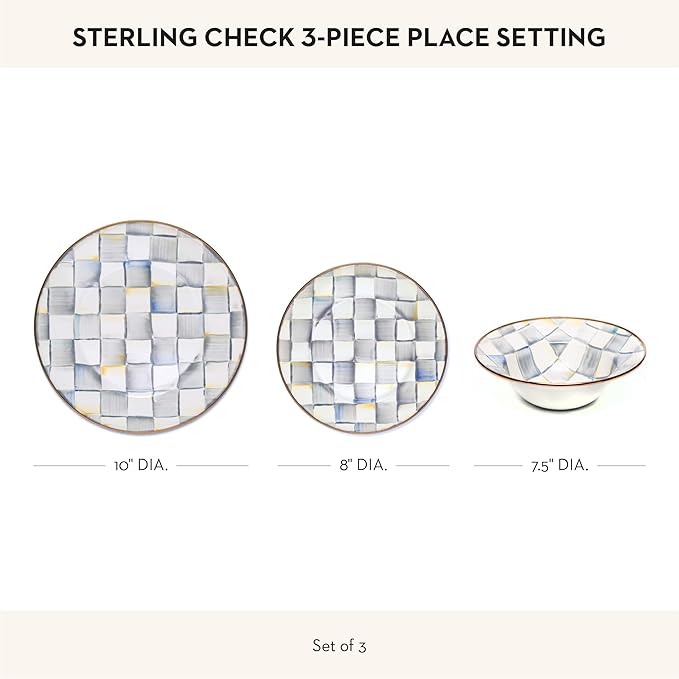MACKENZIE-CHILDS 3-Piece Enamel Place Setting with 10-Inch Round Dinner Plate, 8-Inch Salad/Dessert Plate, and 7.5-Inch Breakfast Bowl, Gray-and-White Sterling Check