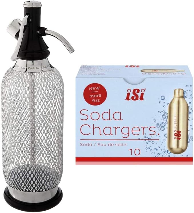 iSi Classic Steel Mesh SodaMaker Bottle (1 Quart) with CO2 Soda Siphon Chargers (10-Pack) Bundle - For making sparkling water beverages