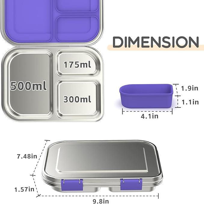 BOSEDSANG Stainless Steel Kids Leak-Resistant Bento Lunch Box, 3-Compartments with Silicone Container, Dishwasher-Safe, Child-Friendly Design for School, Picnics & Travel,BPA-Free(Purple)