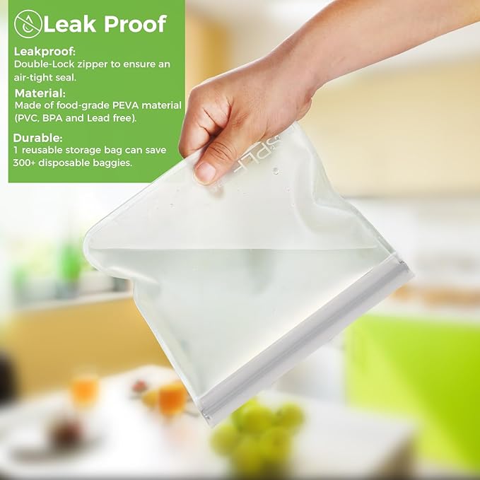 SPLF 10 Pack Reusable Sandwich Bags Dishwasher Safe, Reusable Quart Freezer Bags, Extra Thick Leakproof Food Storage Bags Silicone and Plastic Free for Marinate Meats, Cereal, Lunch, Travel Items Gray